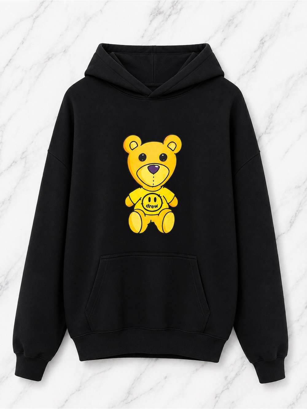 Yellow Teddy Bear Mascot Graphic Black Pullover Hoodie Sweatshirt | Size M